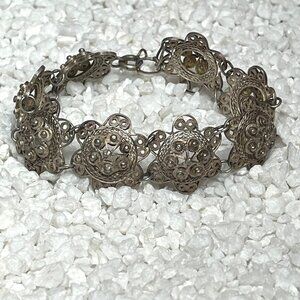 Vintage Ornate Silver-Tone Filigree Link Bracelet